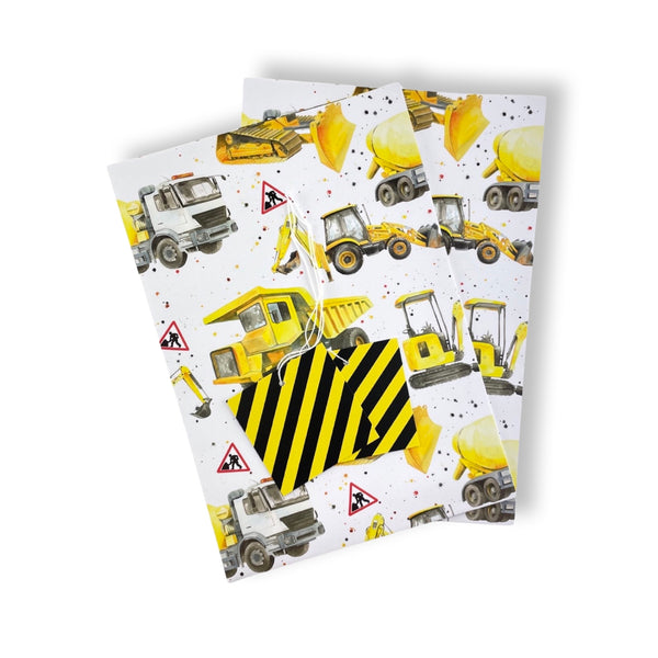 Diggers, bulldozers, dumper trucks ,excavators construction recycled and recyclable gift wrap and tags by Ceinwen Campbell