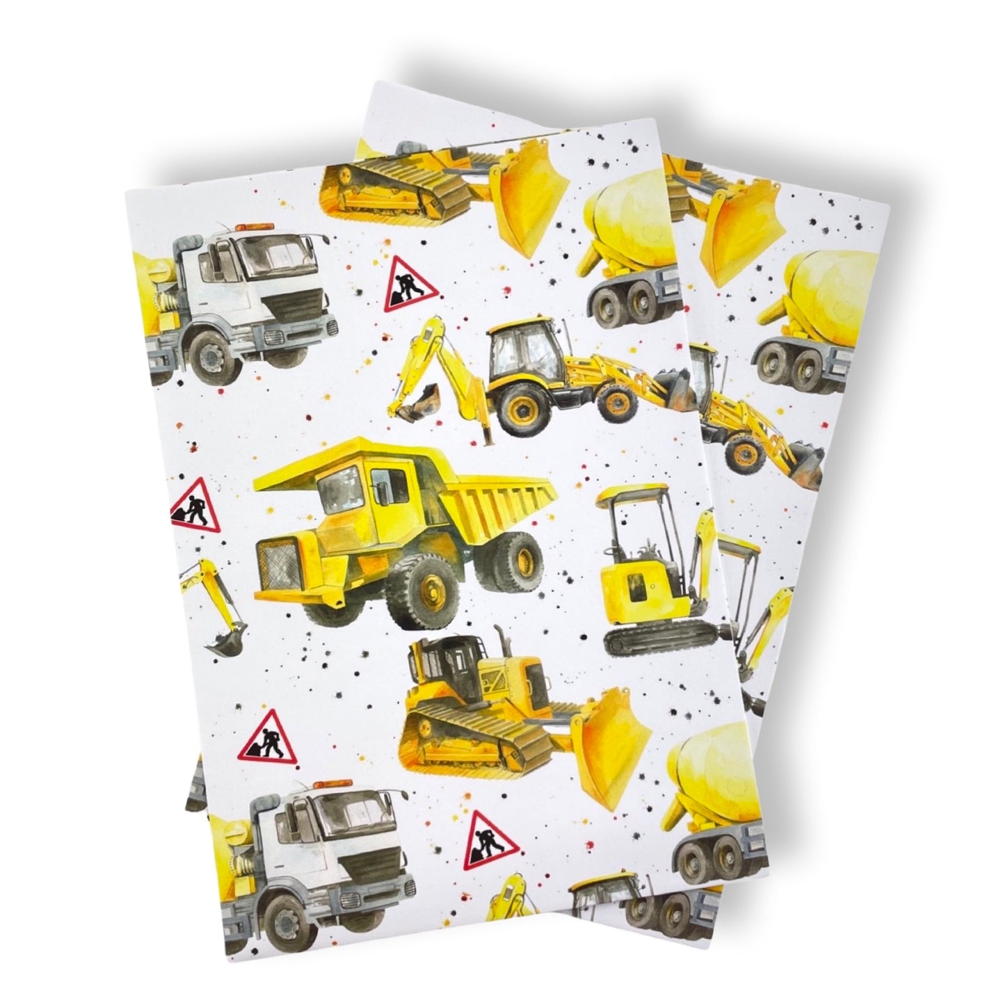 Diggers, bulldozers, dumper trucks ,excavators construction recycled and recyclable gift wrap and tags by Ceinwen Campbell
