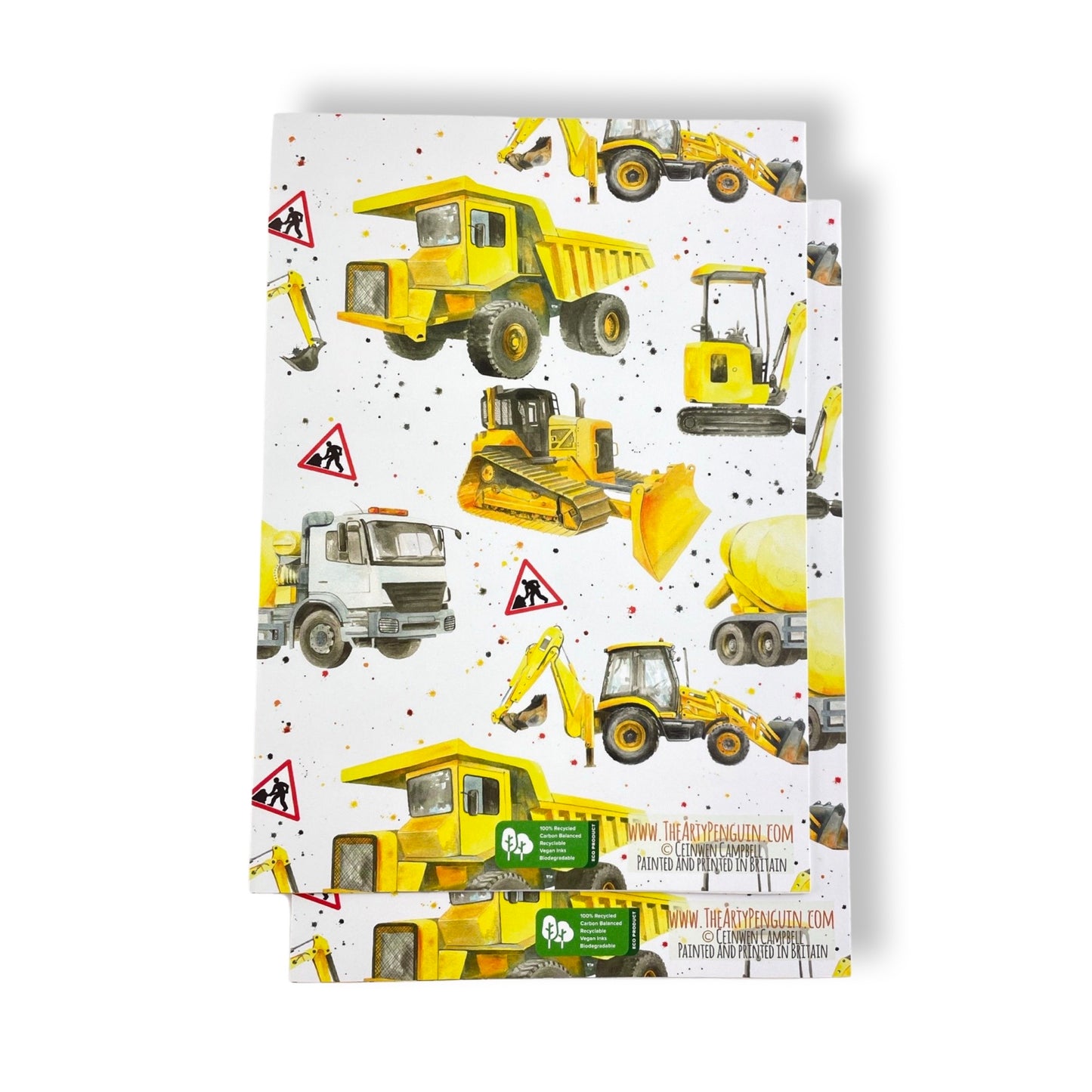 Diggers, bulldozers, dumper trucks ,excavators construction recycled and recyclable gift wrap and tags by Ceinwen Campbell
