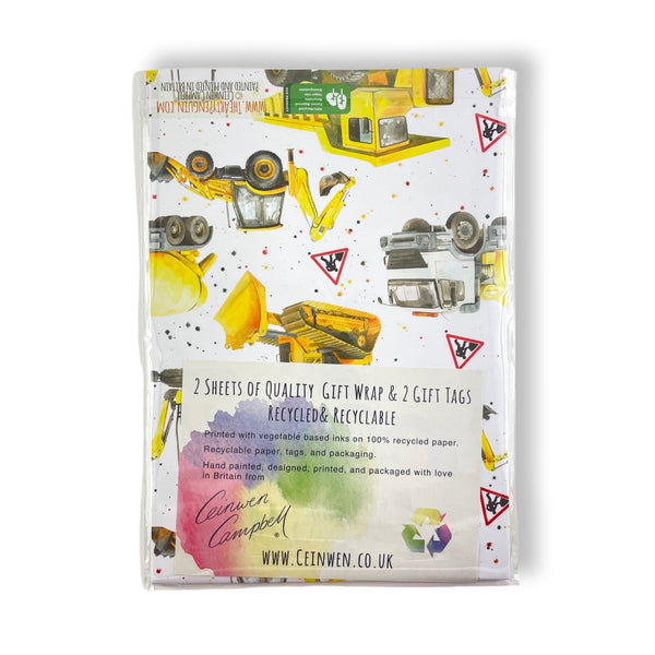 Diggers, bulldozers, dumper trucks ,excavators construction recycled and recyclable gift wrap and tags by Ceinwen Campbell