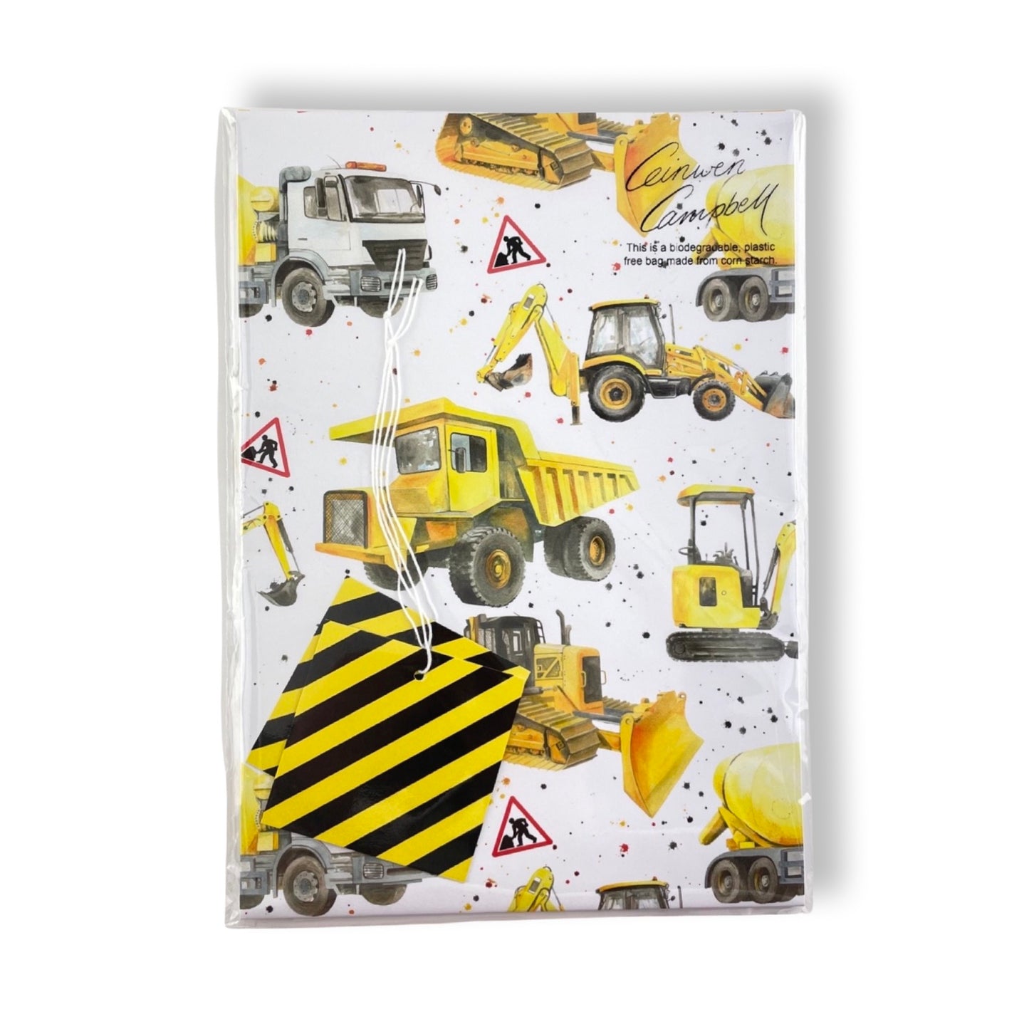 Diggers, bulldozers, dumper trucks ,excavators construction recycled and recyclable gift wrap and tags by Ceinwen Campbell