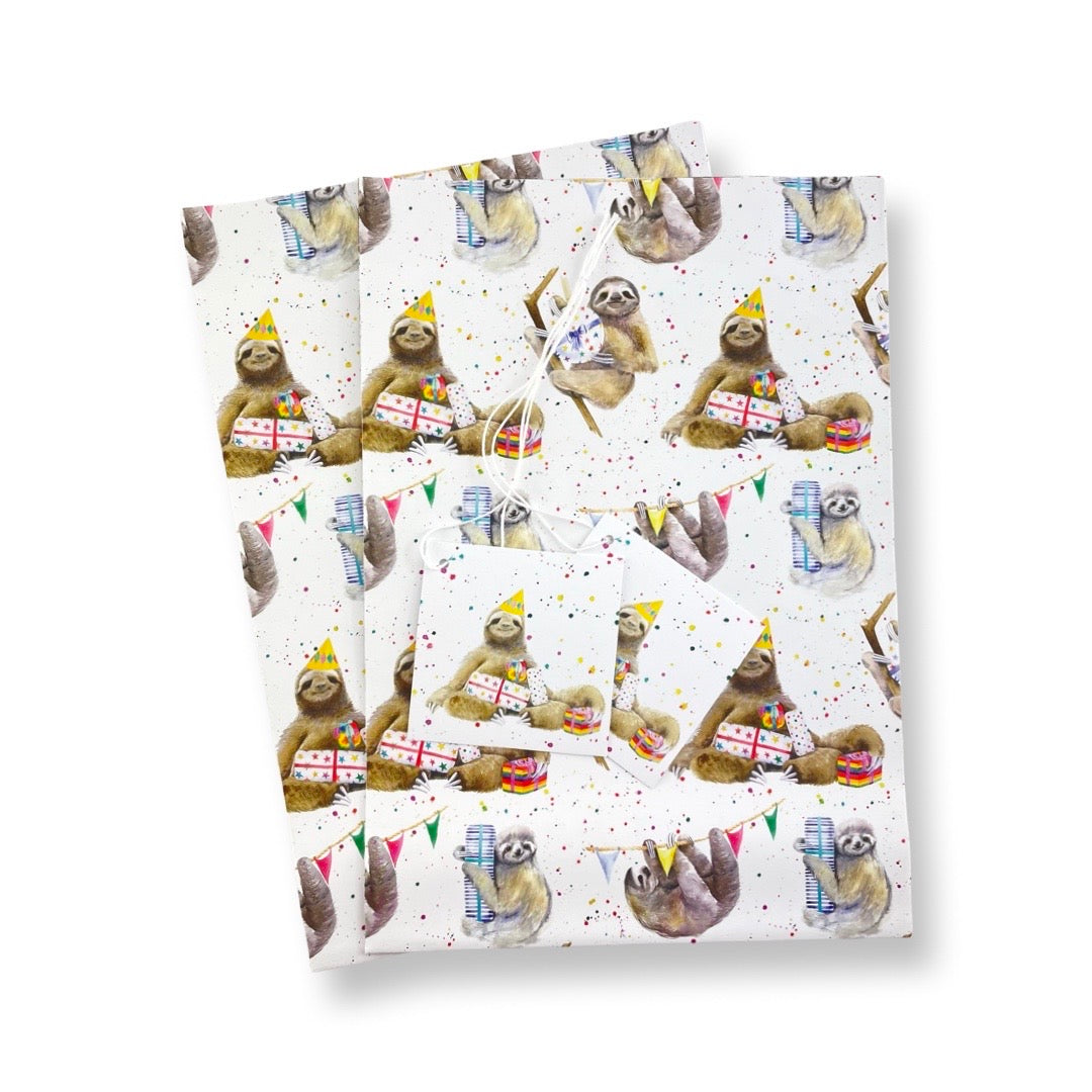 sloth recyclable gift wrap and tags by Ceinwen Campbell