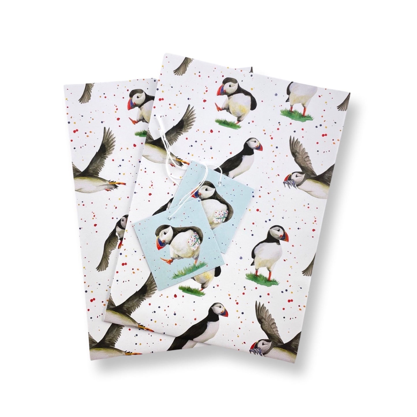 Puffin recycled and recyclable quality gift wrap and tags by Ceinwen Campbell