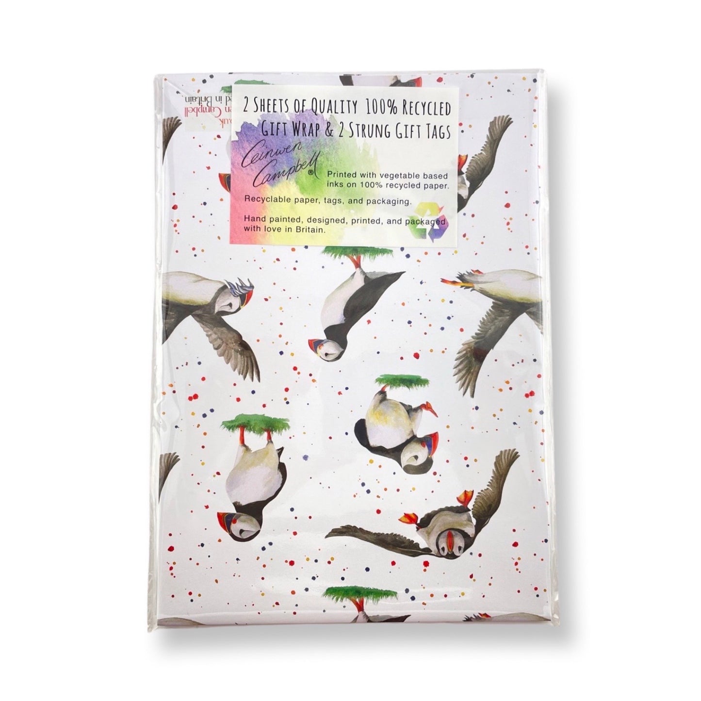 Puffin recycled and recyclable quality gift wrap and tags by Ceinwen Campbell