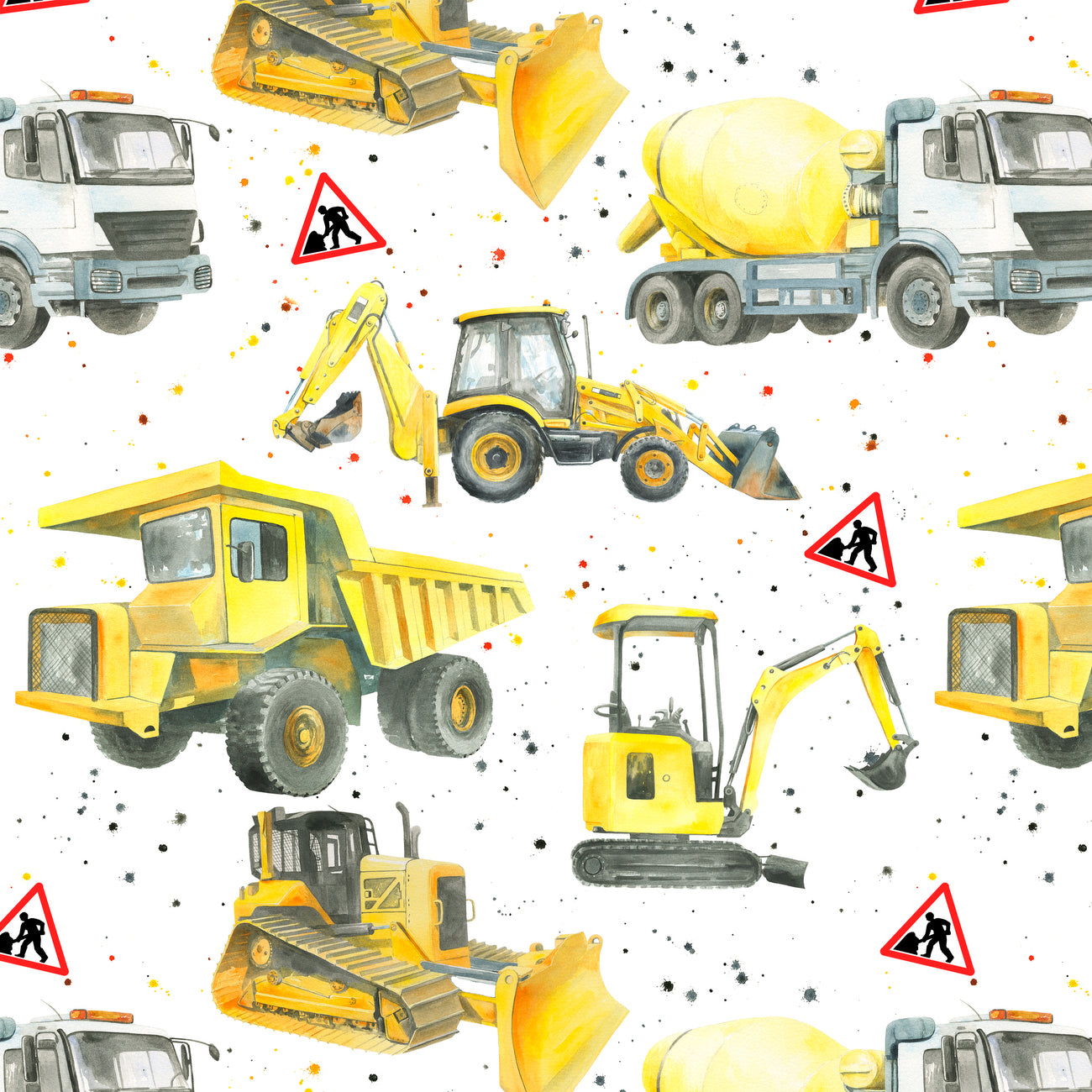 Diggers, bulldozers, dumper trucks ,excavators construction recycled and recyclable gift wrap and tags by Ceinwen Campbell