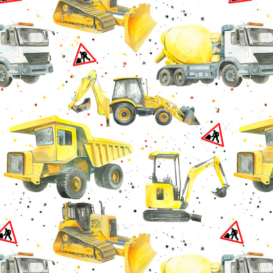 Diggers, bulldozers, dumper trucks ,excavators construction recycled and recyclable gift wrap and tags by Ceinwen Campbell