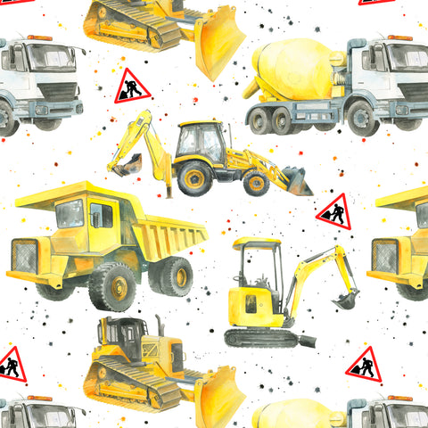 Diggers, bulldozers, dumper trucks ,excavators construction recycled and recyclable gift wrap and tags by Ceinwen Campbell 