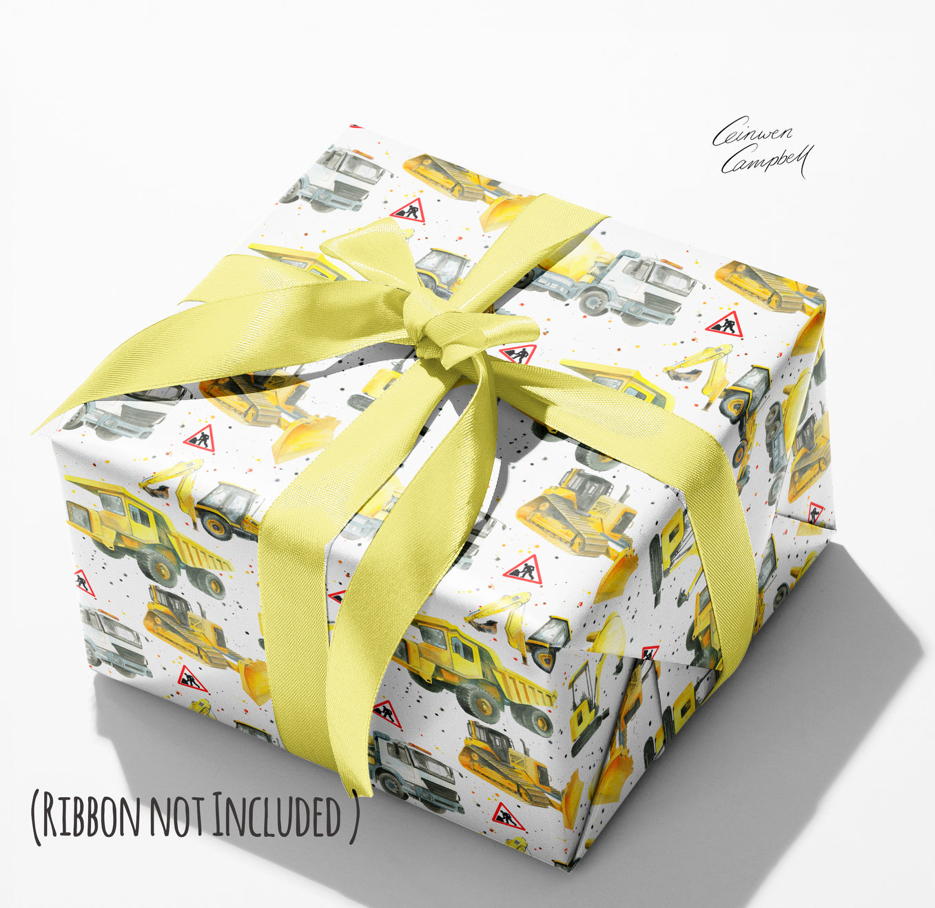 Diggers, bulldozers, dumper trucks ,excavators construction recycled and recyclable gift wrap and tags by Ceinwen Campbell