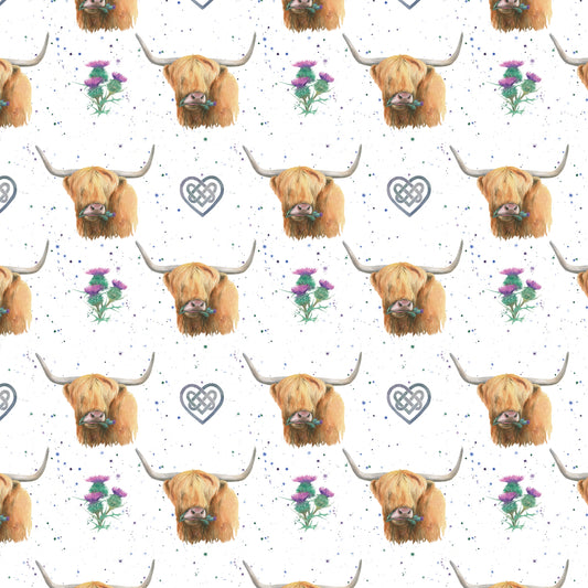 Highland cow, thistle and celtic knot work hearts gift wrapping by Ceinwen Campbell