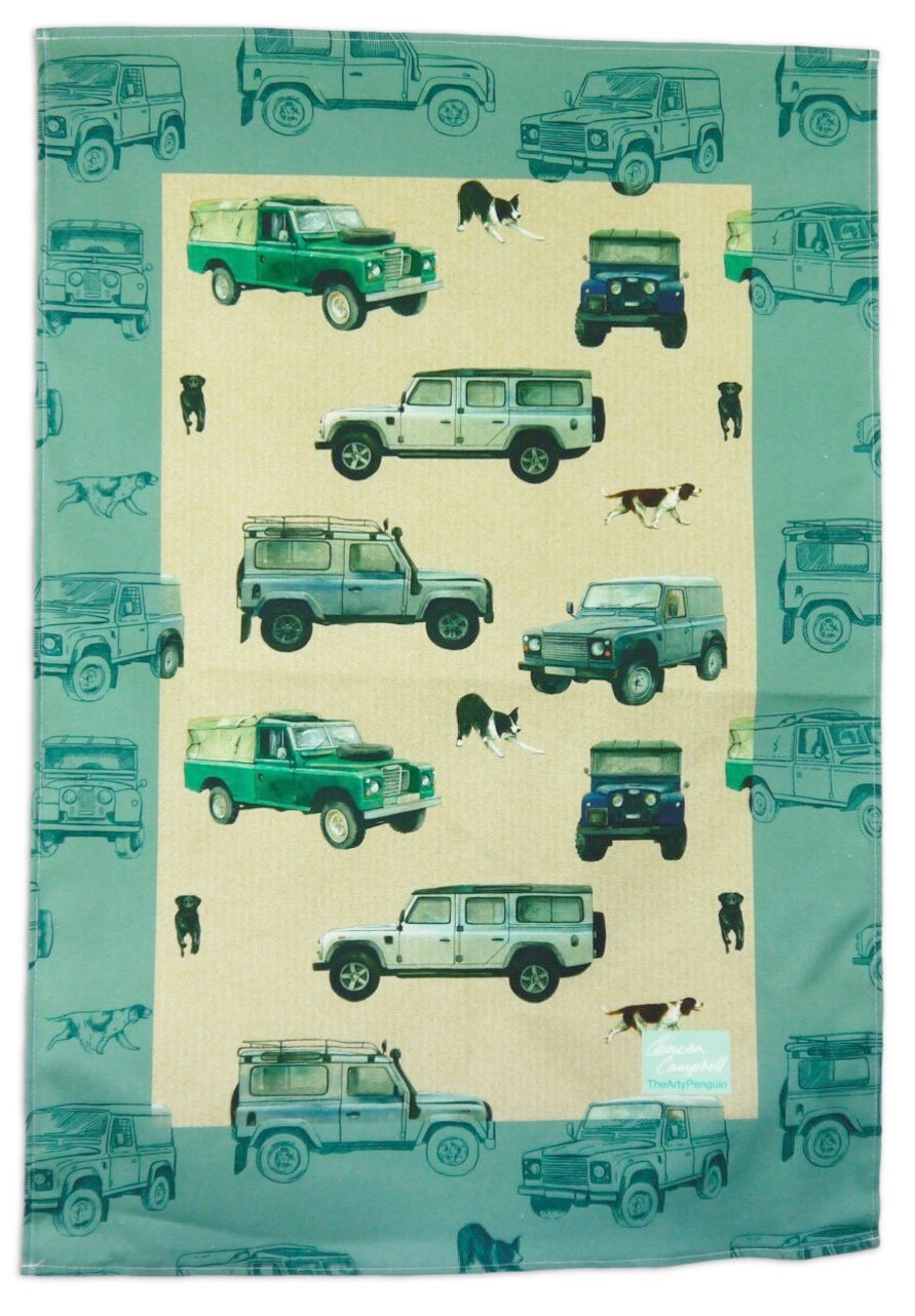 defender off roader 4 x 4 gift tea towel Christmas birthday By Ceinwen Campbell and The Arty Penguin