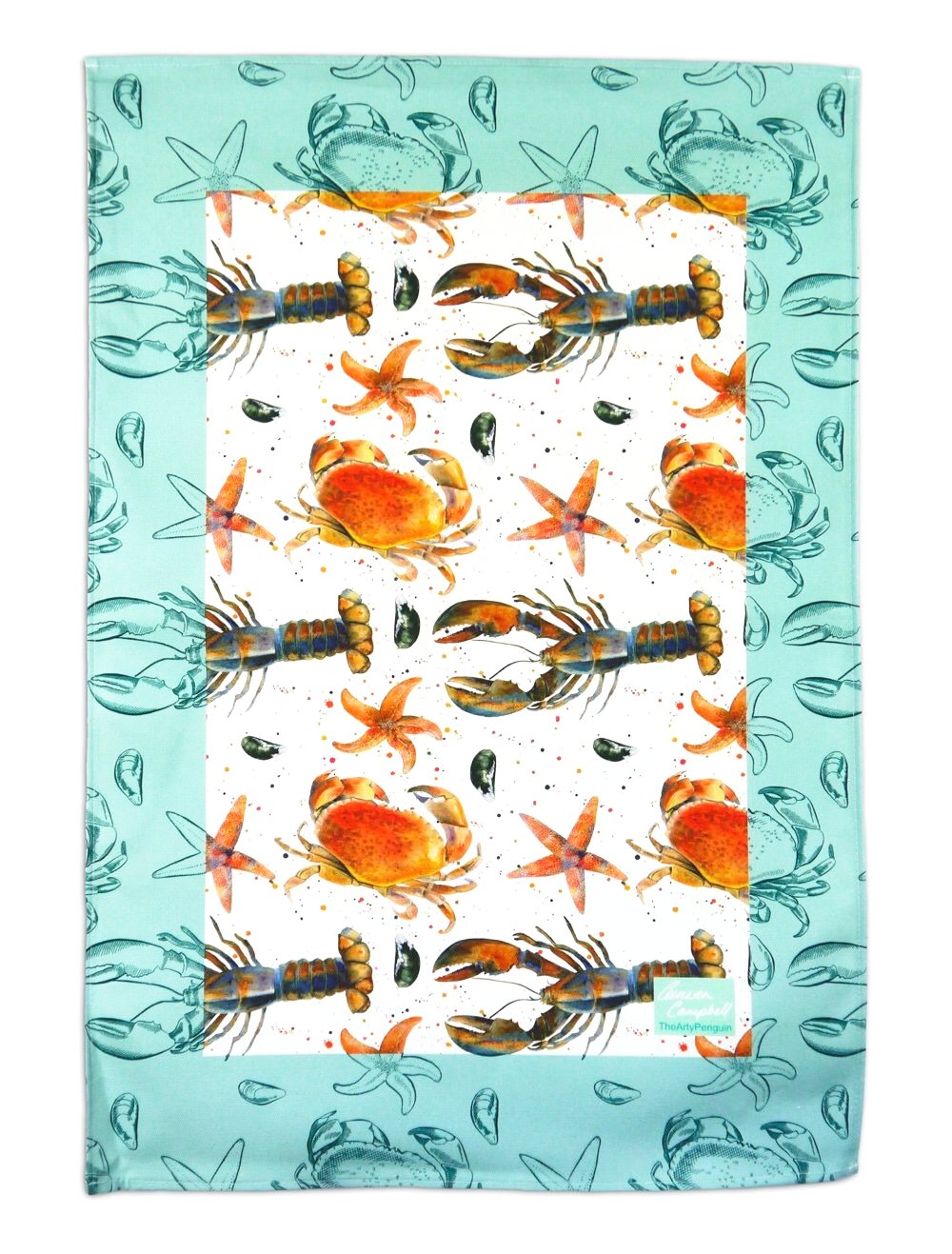 lobster crab starfish mussel gift tea towel by Ceinwen Campbell and The Arty Penguin