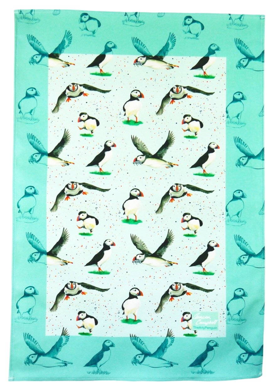 puffin sea bird gift tea towel Christmas gift by Ceinwen Campbell and The Arty Penguin