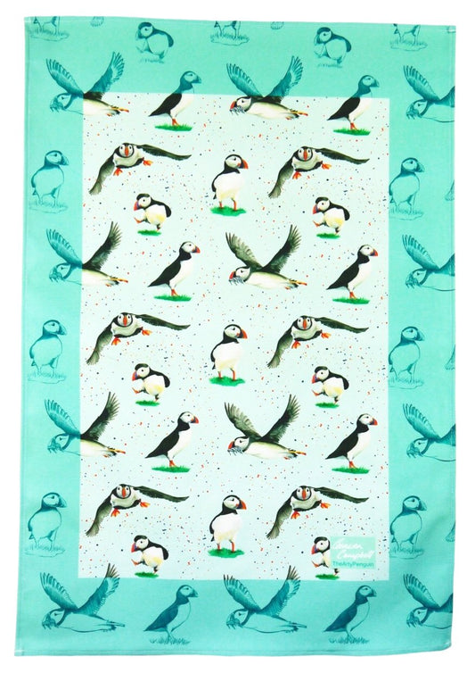 puffin sea bird gift tea towel Christmas gift by Ceinwen Campbell and The Arty Penguin