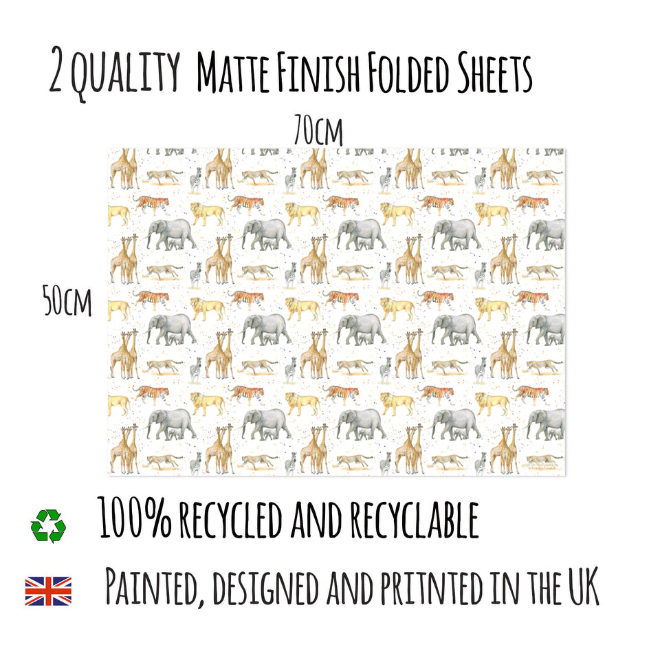 Giraffes, lions, tigers, zebras, cheetahs recycled and recyclable gift wrapping by Ceinwen Campbell and The Arty Penguin