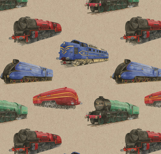 recycled train gift wrapping paper by Ceinwen Campbell