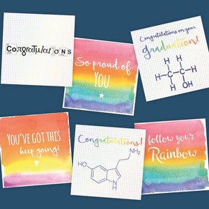 Greetings cards to congratulate passing  exams and graduation celebrations with a chemistry, biology, physics or maths emphasis . 