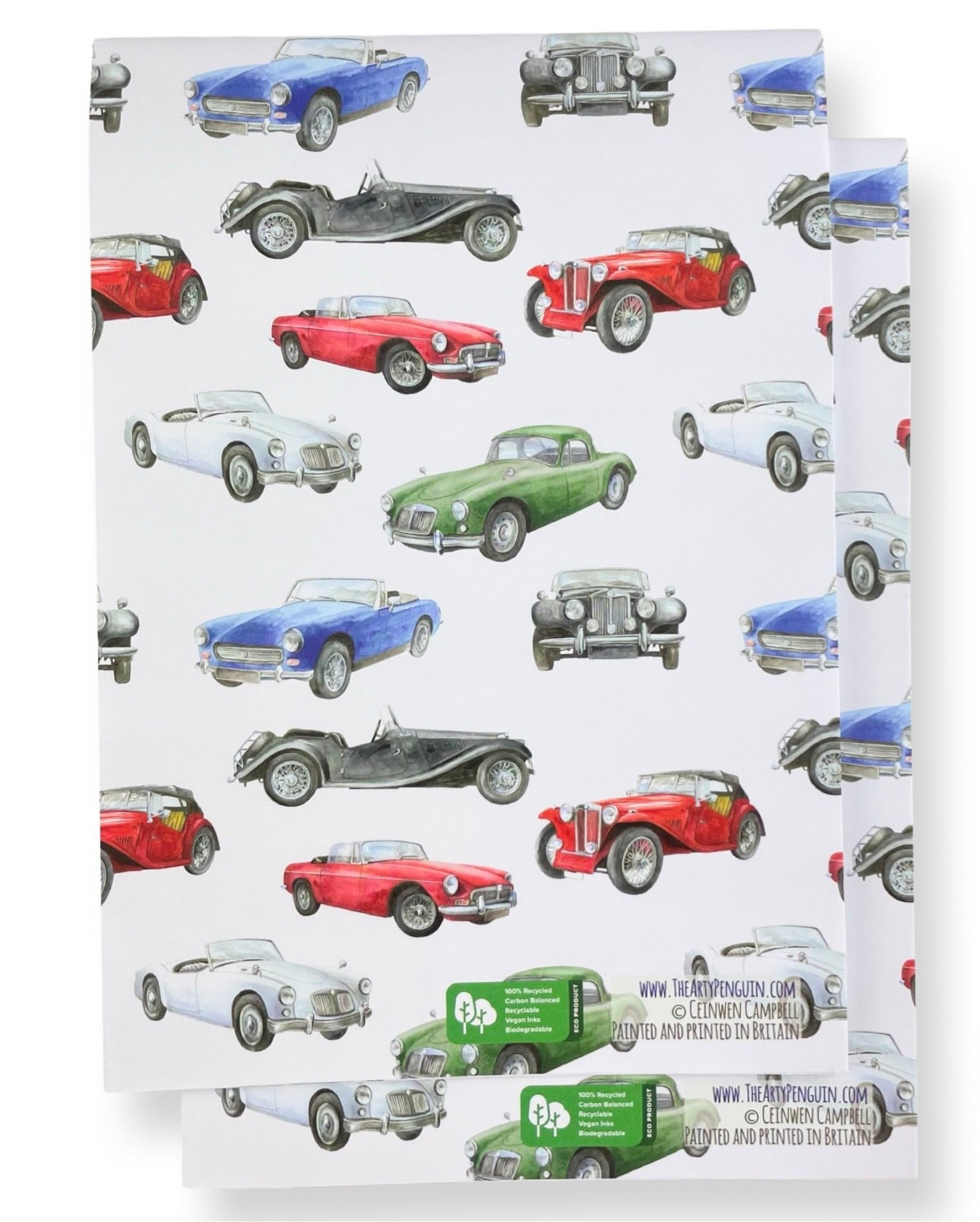Vintage classic British car recycled and recyclable quality gift wrap made in Britain by Ceinwen Campbell. Includes tags 
