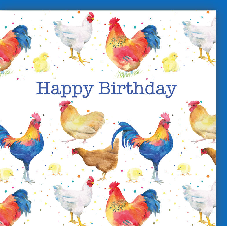 A square greeting card or print with a white background, colorful watercolor-style farm animal pattern including roosters, hens, chicks, and confetti dots, with the text 'Happy Birthday' in blue at the center.
