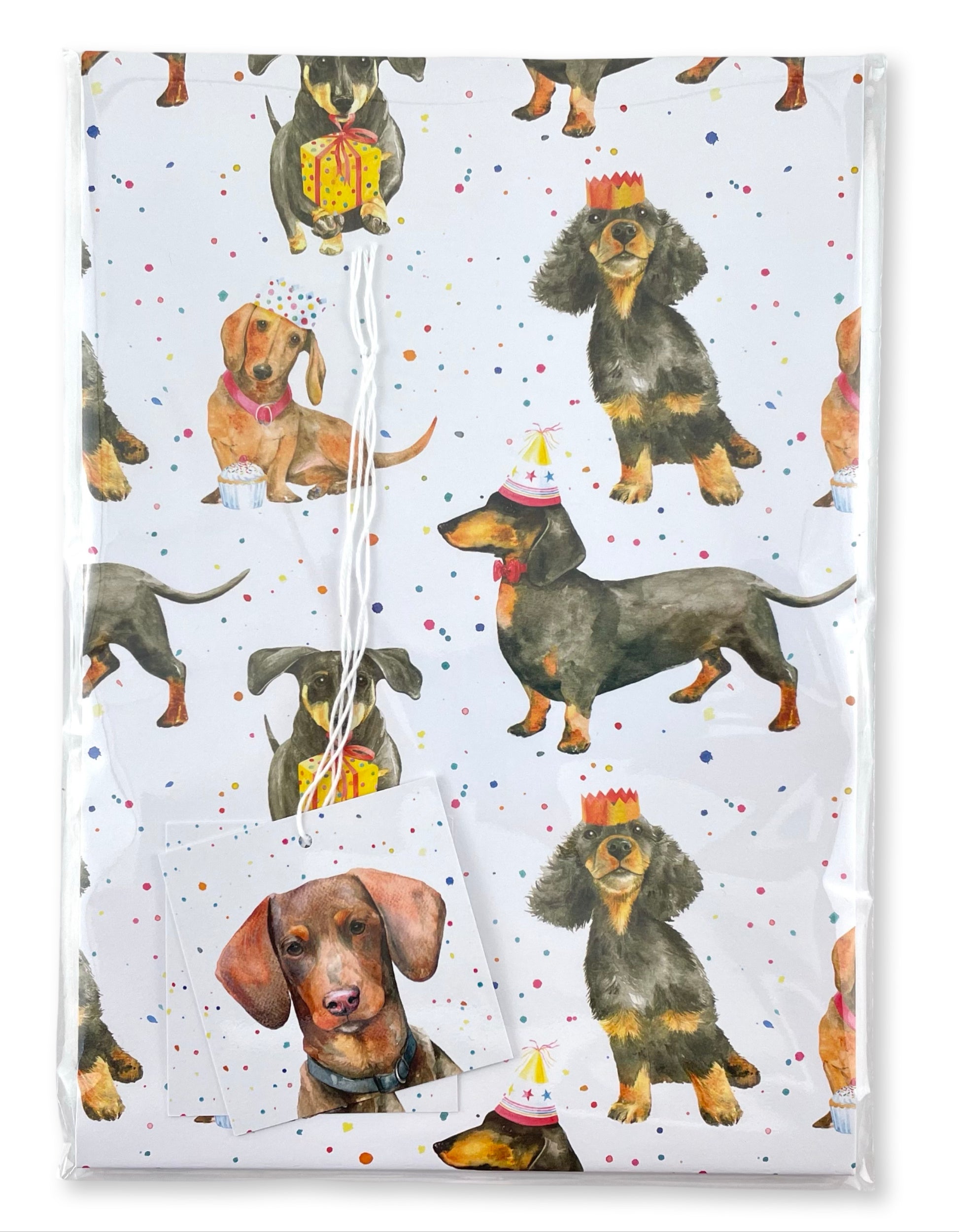 Dachshund, sausage dog hand painted design recycled and recyclable gift wrapping and gift tag set in corn starch packaging