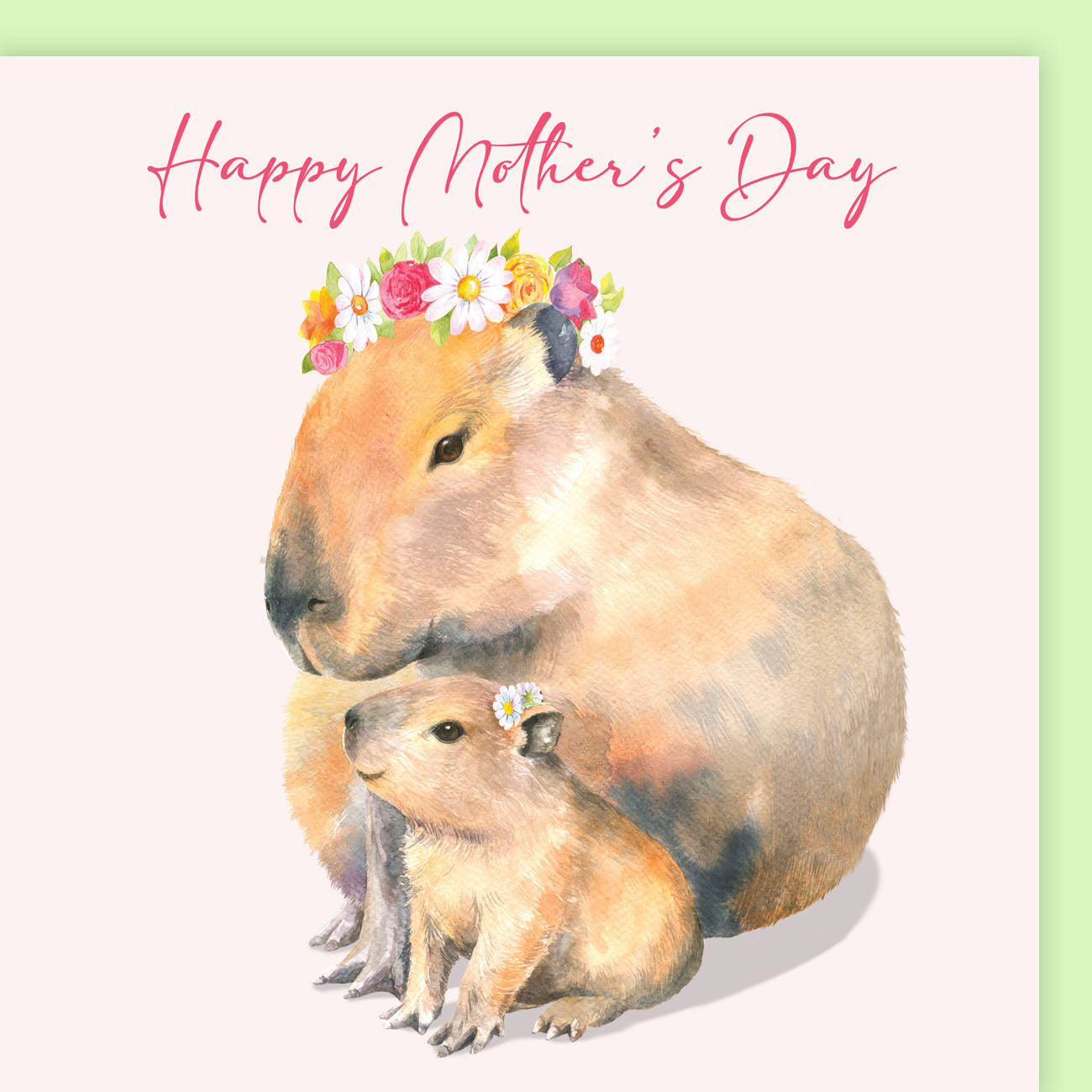 Mother capybara with her baby and 'Happy Mother's Day' text on a light green border  by Ceinwen Campbell
