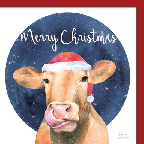 Cow in a Santa hat Christmas card by Ceinwen Campbell 