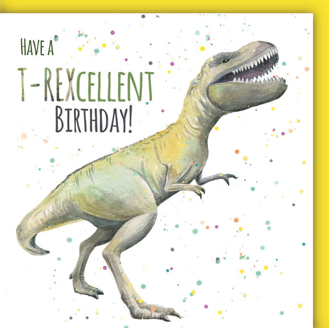 T Rex dinosaur birthday card for girls and boys by Ceinwen Campbell 