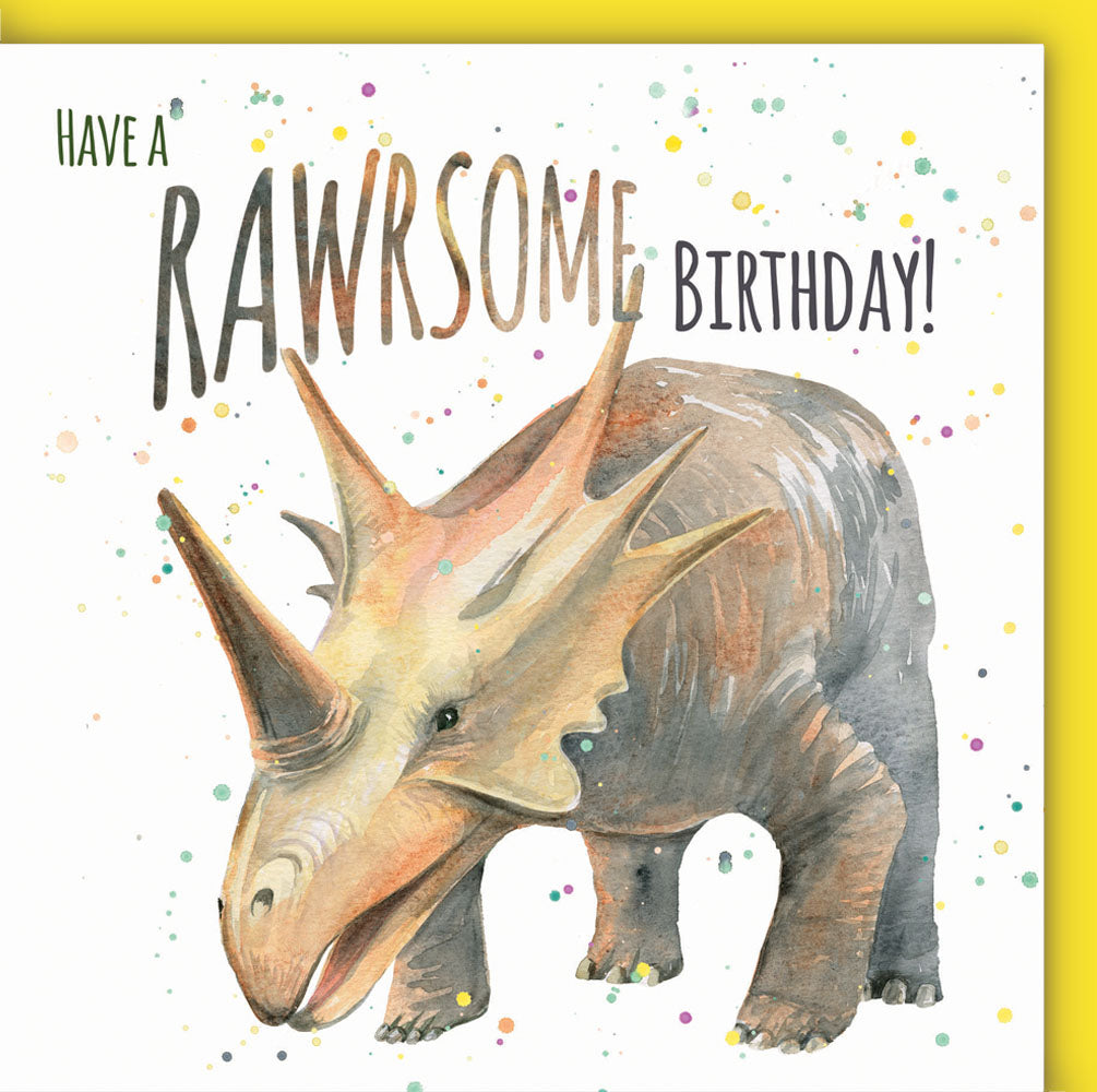 Triceratops Dinosaur birthday card for boys and girls by Ceinwen Campbell