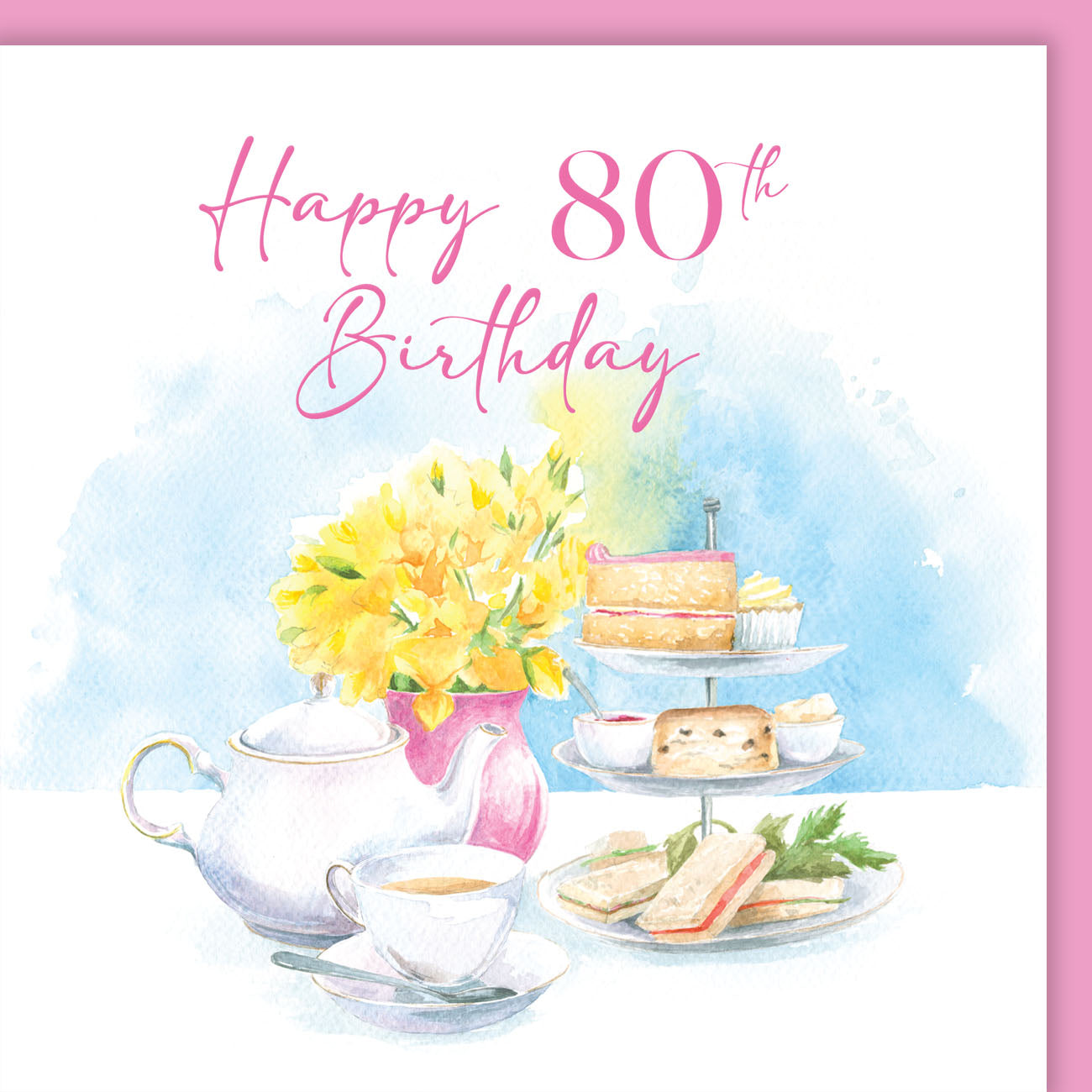 Happy 80th Birthday card with tea set and flowers on a light blue background by Ceinwen Campbell