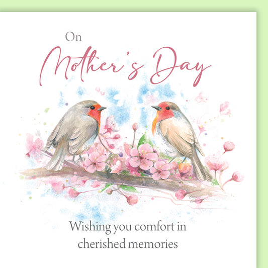 Greeting card with two birds on a branch and cherry blossoms, featuring text for Mother's Day for bereaved mother or son or daughter