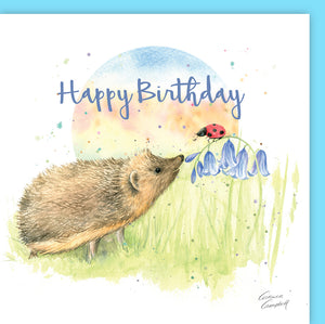 hedgehog, ladybird and bluebells quality blank birthday card by Ceinwen Campbell 