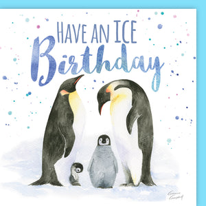 penguin family have an ice birthday  card by Ceinwen Campbell 