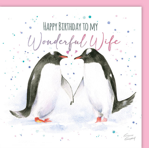 Penguin Happy birthday to a Wonderful Wife Birthday card by Ceinwen Campbell 