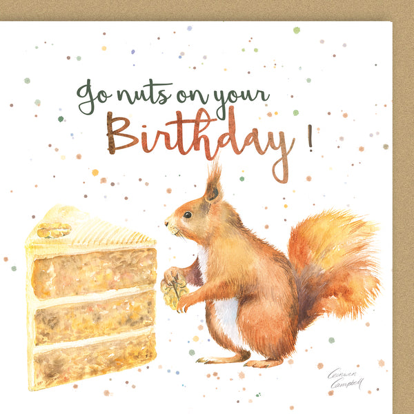 Red squirrel 'go nuts on your birthday' birthday card by Ceinwen Campbell 