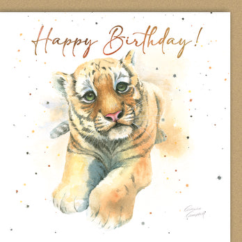 realistic tiger cub in watercolour  birthday card by Ceinwen Campbell 