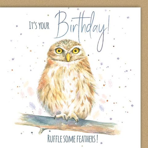 Owl birthday card "ruffle some feathers" by Ceinwen Campbell 