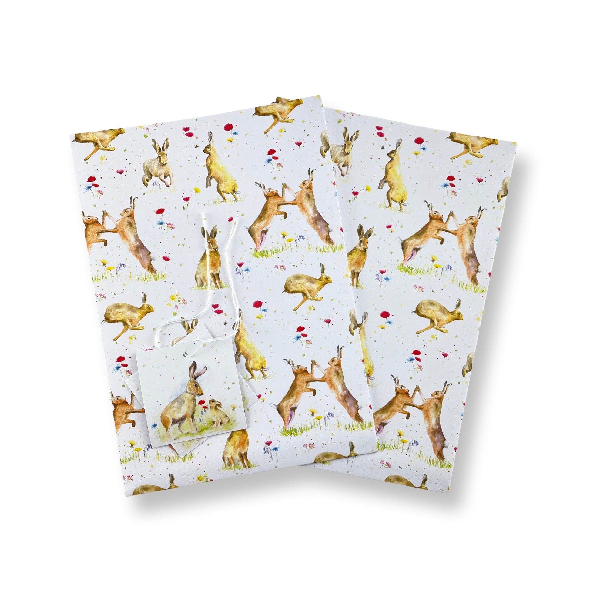 hares with poppies and wild flowers recycled and recyclable gift wrapping by Ceinwen Campbell