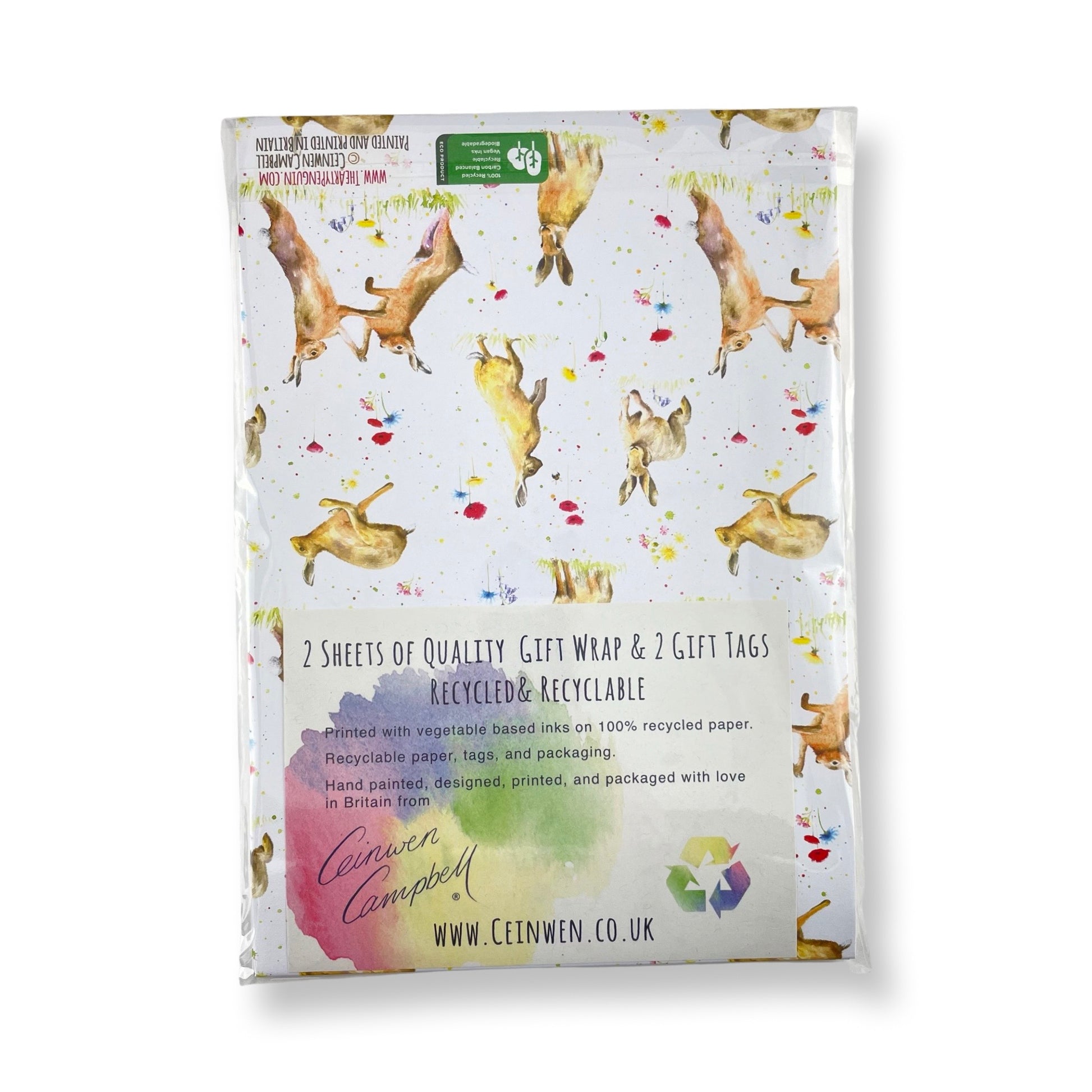 hares with poppies and wild flowers recycled and recyclable gift wrapping by Ceinwen Campbell