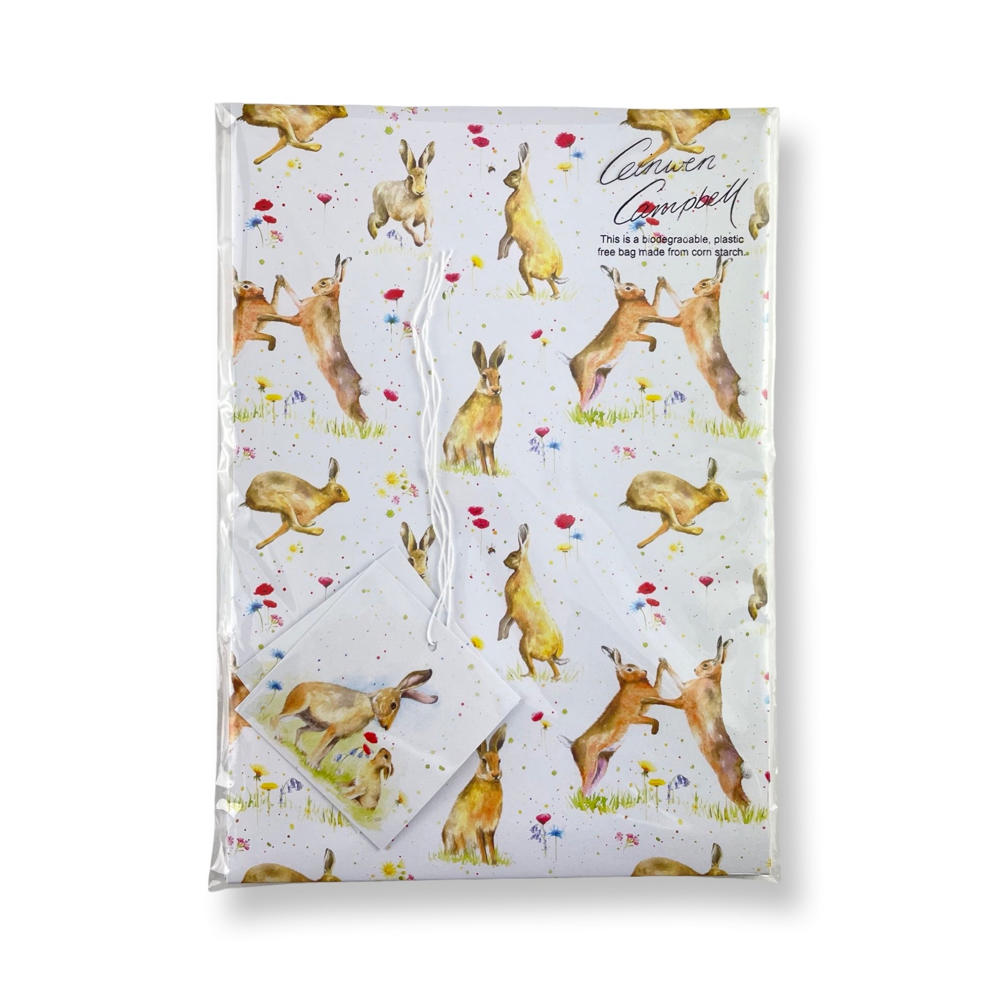 hares with poppies and wild flowers recycled and recyclable gift wrapping by Ceinwen Campbell