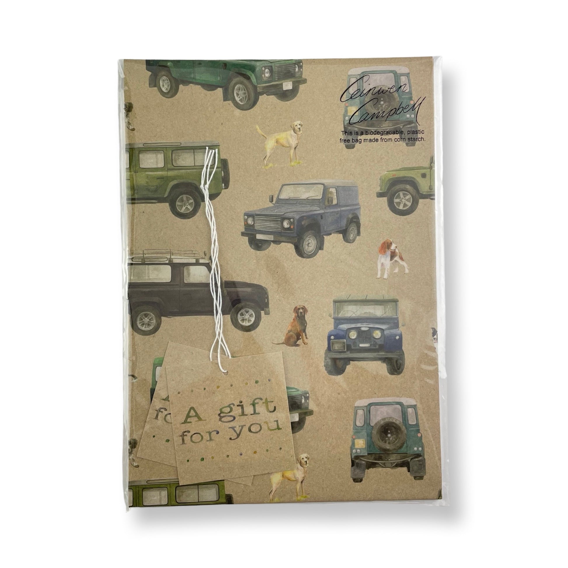 Defender off roader and working dog recycled gift wrapping by Ceinwen Campbell