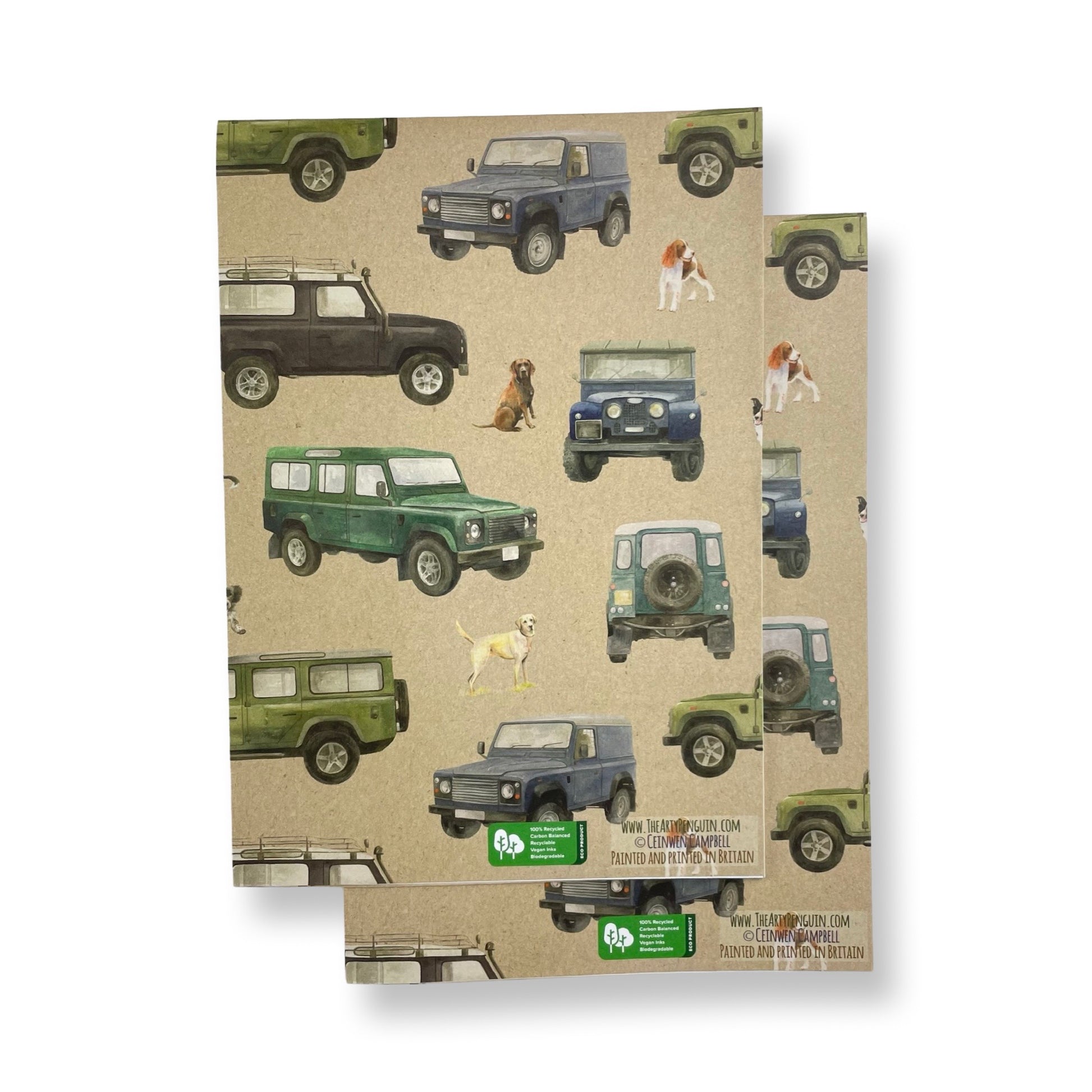 Defender off roader and working dog recycled gift wrapping by Ceinwen Campbell