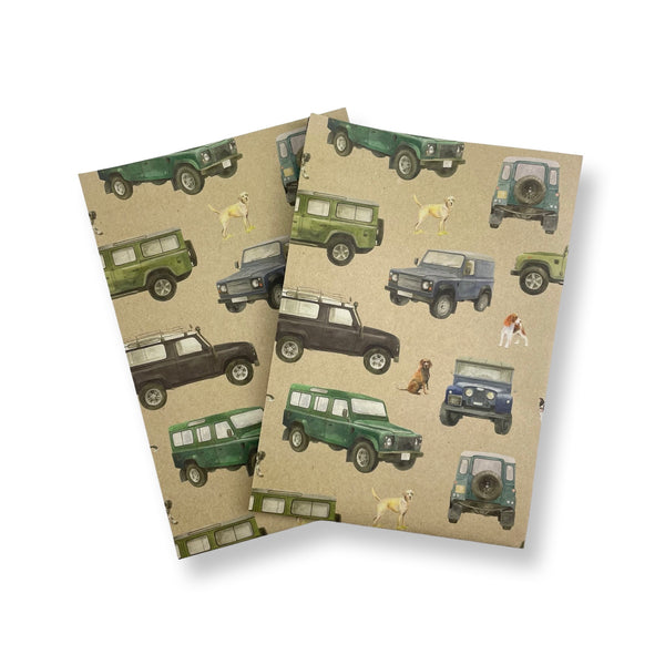 Defender off roader and working dog recycled gift wrapping by Ceinwen Campbell
