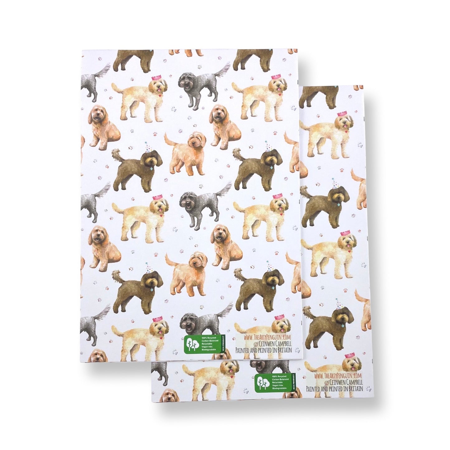 Cockapoo dog recycled and recyclable gift wrapping paper and tags by Ceinwen Campbell 