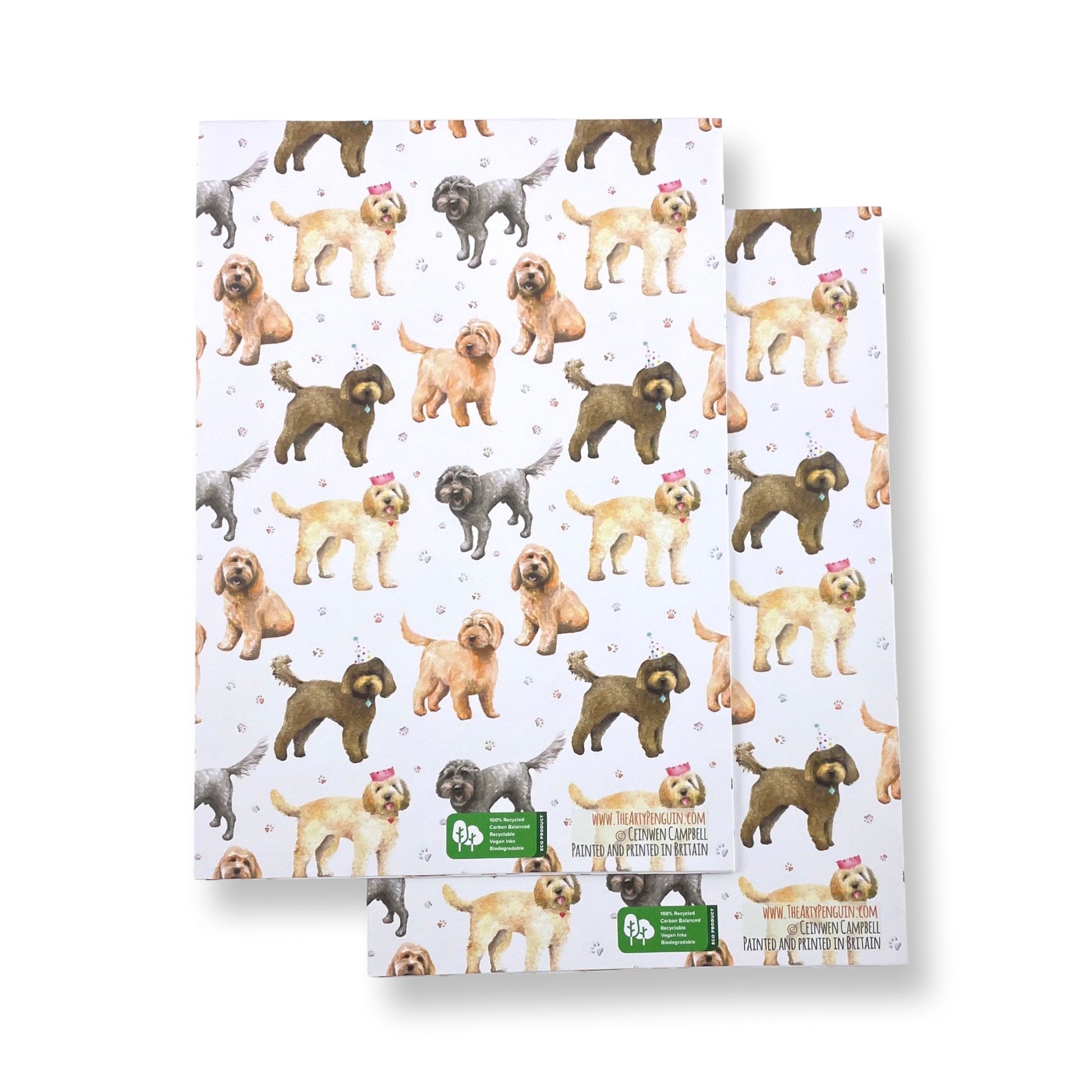 Cockapoo dog recycled and recyclable gift wrapping paper and tags by Ceinwen Campbell 