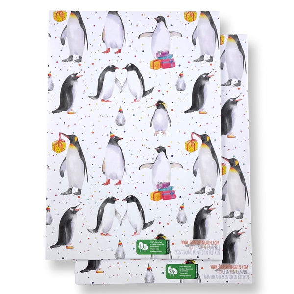 Penguin party recycled and recyclable gift wrap with matching tags by Ceinwen Campbell