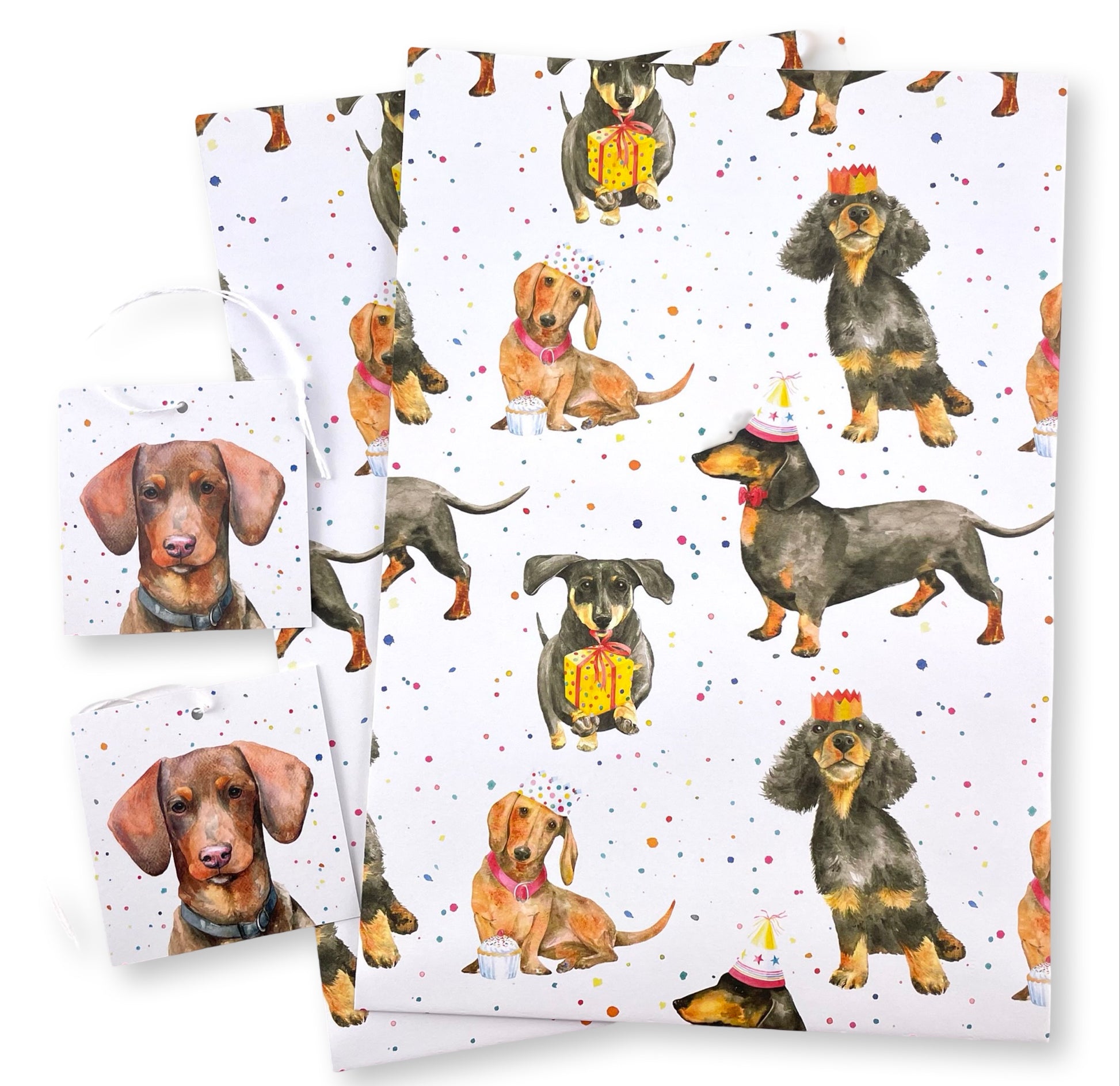 Dachshund, sausage dog hand painted design recycled and recyclable gift wrapping and gift tag set