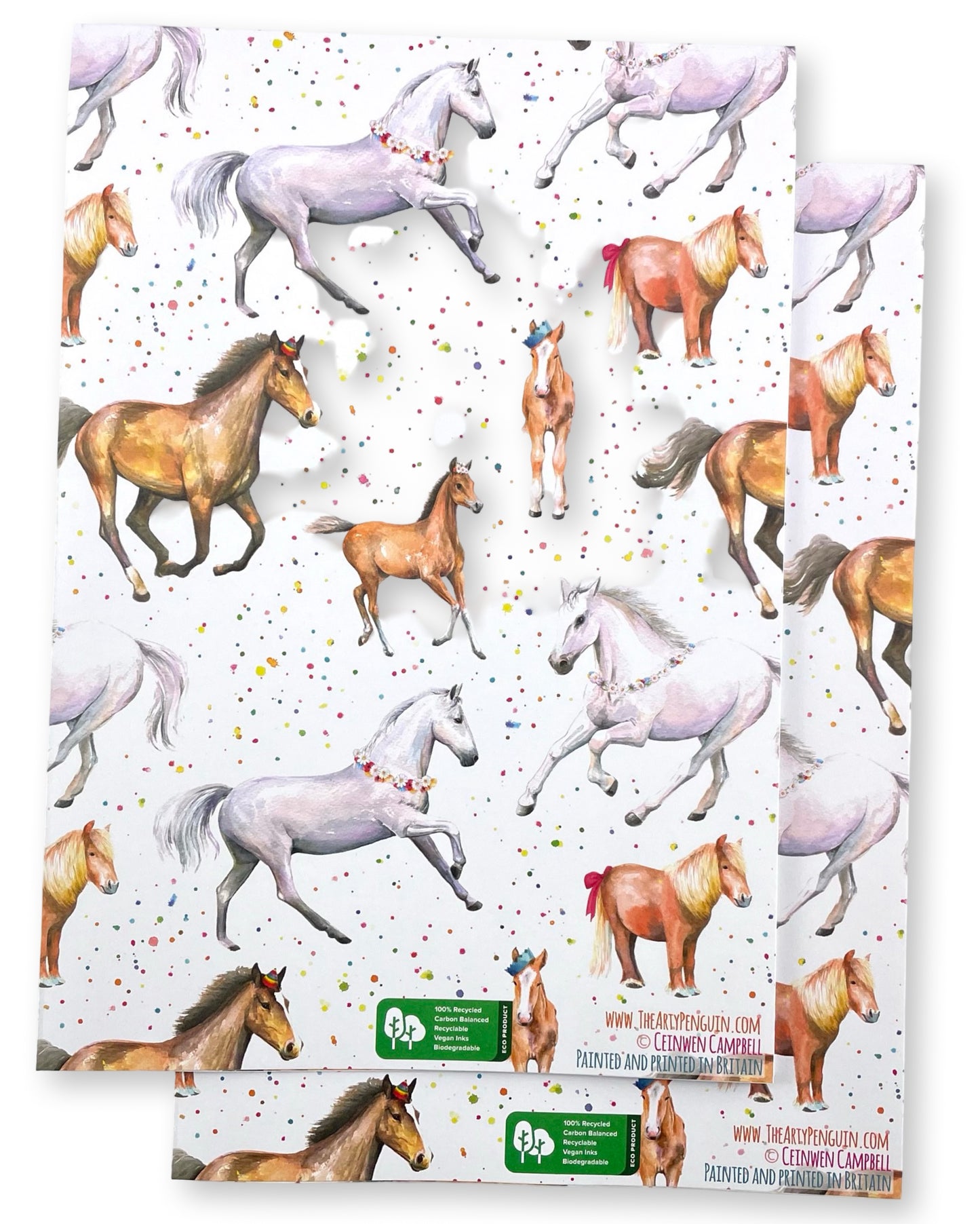 Fun, colourful horse and pony quality recycled and recyclable gift wrapping paper and matching rosette tags. Printed with vegetable based inks in England 