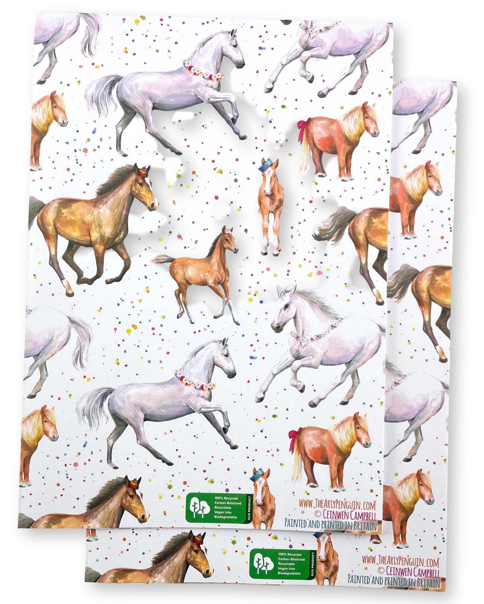 Fun, colourful horse and pony quality recycled and recyclable gift wrapping paper and matching rosette tags. Printed with vegetable based inks in England 