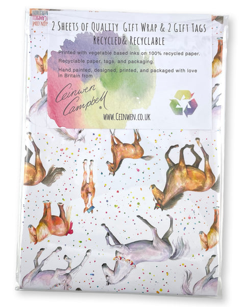 Fun, colourful horse and pony quality recycled and recyclable gift wrapping paper and matching rosette tags. Printed with vegetable based inks in England 