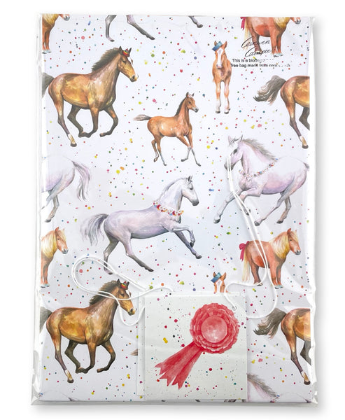 Fun, colourful horse and pony quality recycled and recyclable gift wrapping paper and matching rosette tags. Printed with vegetable based inks in England 