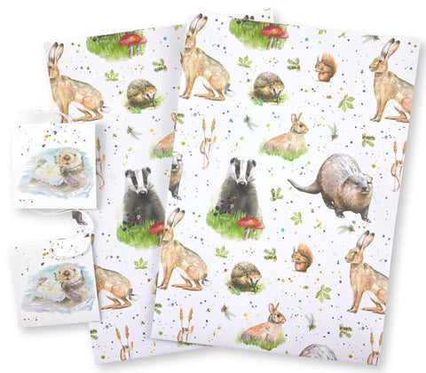 Otter , badger, hare, rabbit squirrel field mouse quality recycled and recyclable gift wrapping and tags in cornstarch packaging 